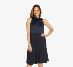 Adrianna Papell Satin Crepe Midi-Length Halter Dress With Keyhole In Dark Navy