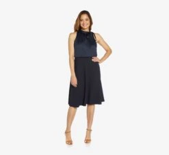 Adrianna Papell Satin Crepe Midi-Length Halter Dress With Keyhole In Dark Navy -Adrianna Papell Shop AP1D104678 AB010 Regular Side
