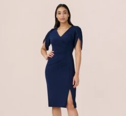 Adrianna Papell Pearl Embellished Knit Crepe Sheath Dress In Navy Sateen