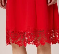 Adrianna Papell Stretch Knit Crepe Midi-Length Fit-And-Flare Dress With Lace Trim In Cherry Bliss -Adrianna Papell Shop AP1D104683 AJ612 Regular Detail