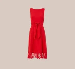 Adrianna Papell Stretch Knit Crepe Midi-Length Fit-And-Flare Dress With Lace Trim In Cherry Bliss -Adrianna Papell Shop AP1D104683 AJ612 Regular Flat