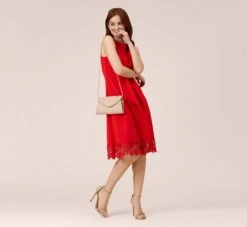 Adrianna Papell Stretch Knit Crepe Midi-Length Fit-And-Flare Dress With Lace Trim In Cherry Bliss
