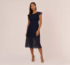 Adrianna Papell Chiffon And Jersey Midi-Length Dress With Side Slits In Navy