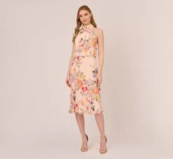 Adrianna Papell Floral-Print Chiffon Midi-Length Blouson Halter Dress In Sandshell Multi