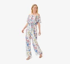 Adrianna Papell Floral-Print Off-The-Shoulder Chiffon Jumpsuit In Ivory Coral Multi -Adrianna Papell Shop AP1D104713 AE194 Regular Alternate