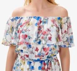 Adrianna Papell Floral-Print Off-The-Shoulder Chiffon Jumpsuit In Ivory Coral Multi -Adrianna Papell Shop AP1D104713 AE194 Regular Detail