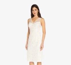 Adrianna Papell Floral Embroidered Midi-Length Sheath Dress In Ivory