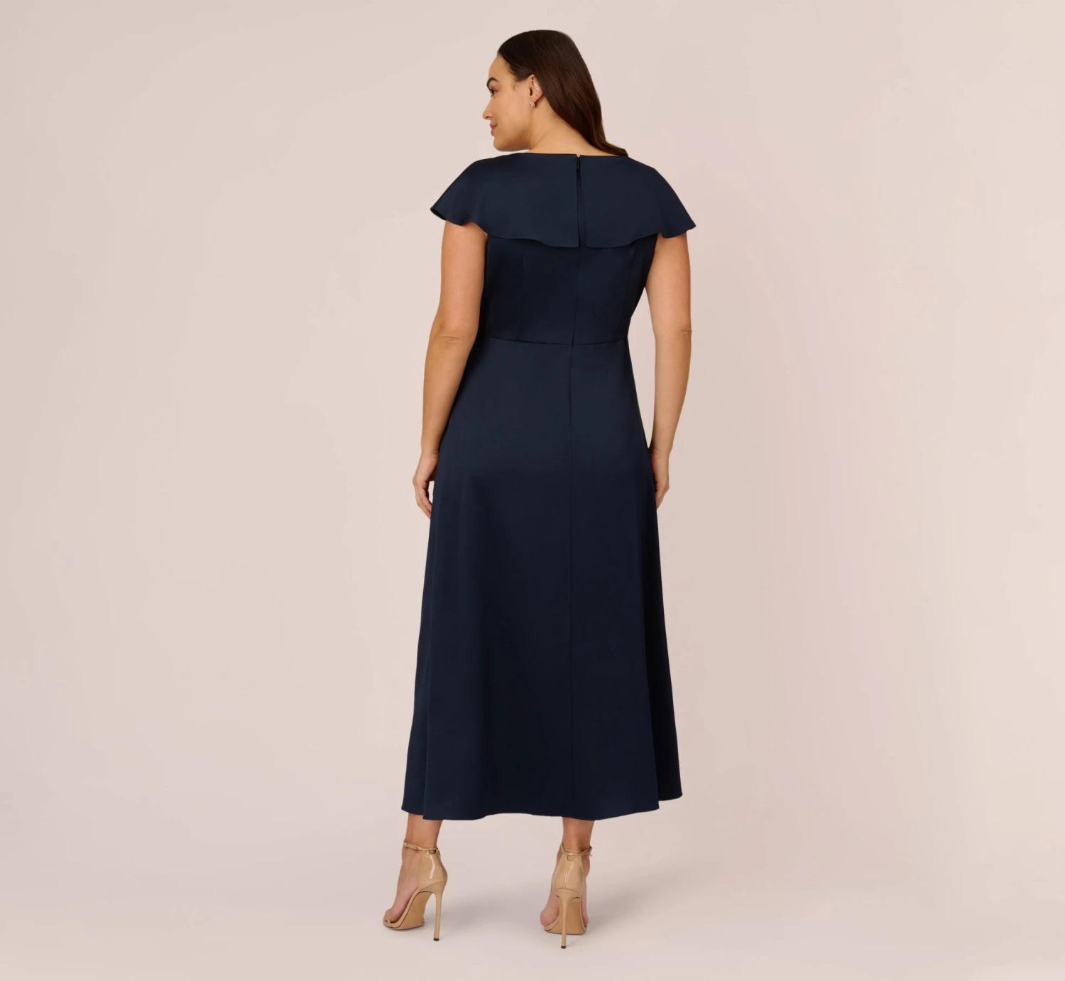 Adrianna Papell Plus Size Satin Crepe Ruffled Cropped Jumpsuit In Dark Navy 6 Adrianna Papell Plus Size Satin Crepe Ruffled Cropped Jumpsuit In Dark Navy - Image 4
