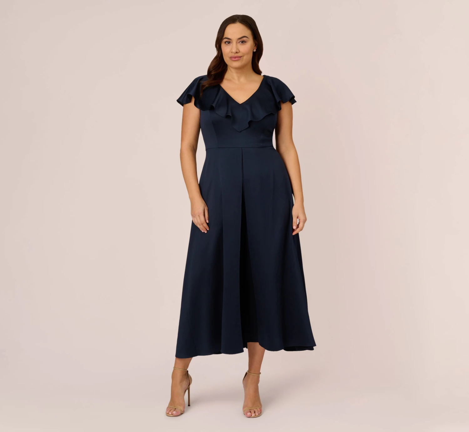 Adrianna Papell Plus Size Satin Crepe Ruffled Cropped Jumpsuit In Dark Navy 3 Adrianna Papell Plus Size Satin Crepe Ruffled Cropped Jumpsuit In Dark Navy