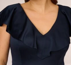 Adrianna Papell Plus Size Satin Crepe Ruffled Cropped Jumpsuit In Dark Navy 10 Adrianna Papell Plus Size Satin Crepe Ruffled Cropped Jumpsuit In Dark Navy -Adrianna Papell Shop AP1D104719 AV410 Plus Detail