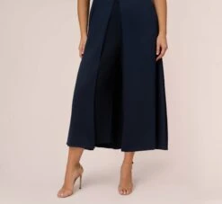Adrianna Papell Plus Size Satin Crepe Ruffled Cropped Jumpsuit In Dark Navy 12 Adrianna Papell Plus Size Satin Crepe Ruffled Cropped Jumpsuit In Dark Navy -Adrianna Papell Shop AP1D104719 AV410 Plus Lifestyle