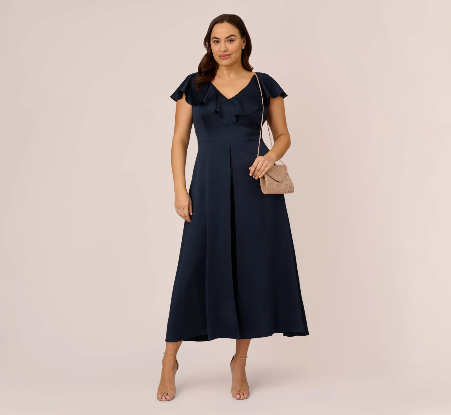 Adrianna Papell Plus Size Satin Crepe Ruffled Cropped Jumpsuit In Dark Navy 4 Adrianna Papell Plus Size Satin Crepe Ruffled Cropped Jumpsuit In Dark Navy - Image 2