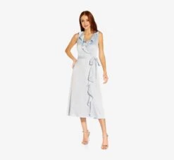 Adrianna Papell Satin Crepe Midi-Length Ruffled Faux Wrap Dress In Opal 10 Adrianna Papell Satin Crepe Midi-Length Ruffled Faux Wrap Dress In Opal -Adrianna Papell Shop AP1D104720 AI498 Regular Alternate