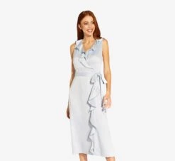 Adrianna Papell Satin Crepe Midi-Length Ruffled Faux Wrap Dress In Opal