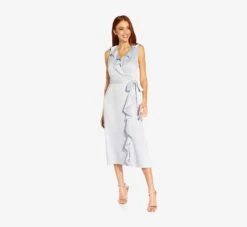 Adrianna Papell Satin Crepe Midi-Length Ruffled Faux Wrap Dress In Opal 11 Adrianna Papell Satin Crepe Midi-Length Ruffled Faux Wrap Dress In Opal -Adrianna Papell Shop AP1D104720 AI498 Regular Side