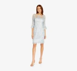 Adrianna Papell Embroidered Illusion Short Sheath Dress With Bell Sleeves In Opal 10 Adrianna Papell Embroidered Illusion Short Sheath Dress With Bell Sleeves In Opal -Adrianna Papell Shop AP1D104722 AI498 Regular Alternate