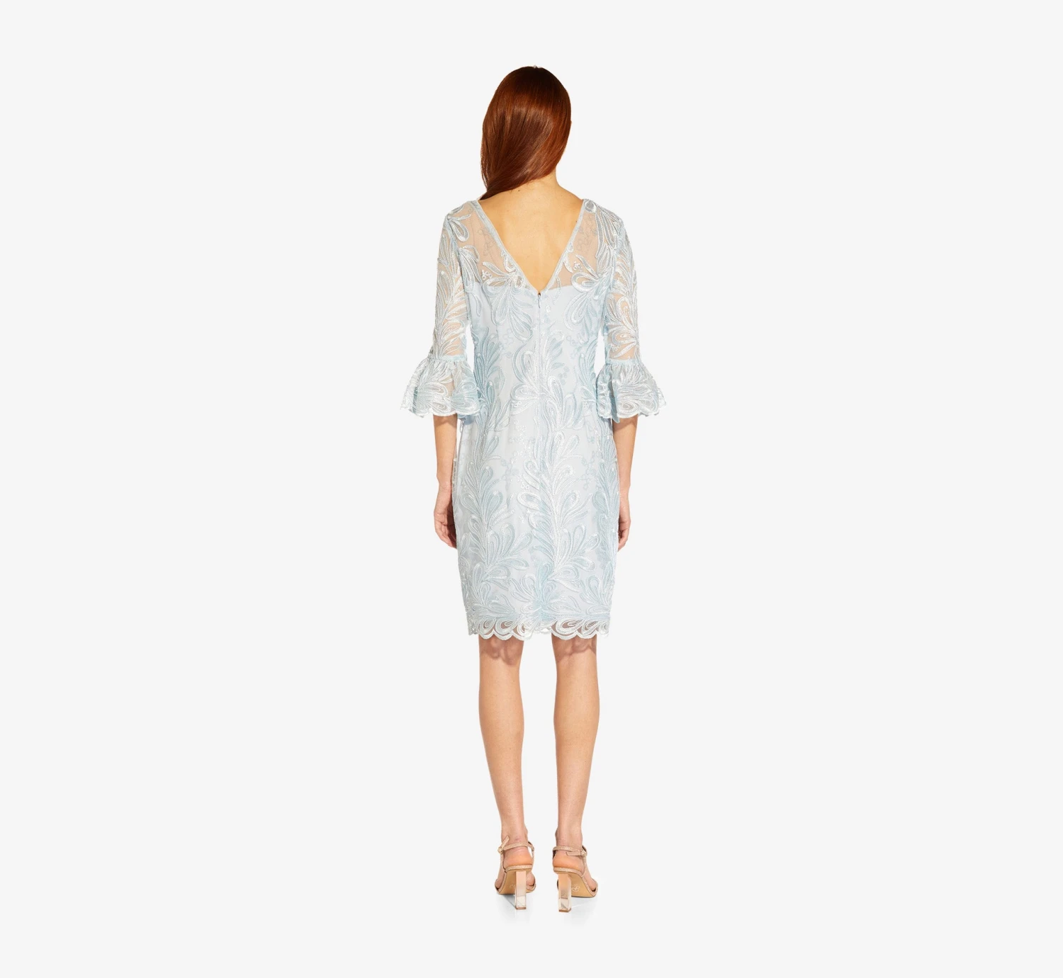 Adrianna Papell Embroidered Illusion Short Sheath Dress With Bell Sleeves In Opal 4 Adrianna Papell Embroidered Illusion Short Sheath Dress With Bell Sleeves In Opal - Image 2