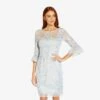 Adrianna Papell Embroidered Illusion Short Sheath Dress With Bell Sleeves In Opal