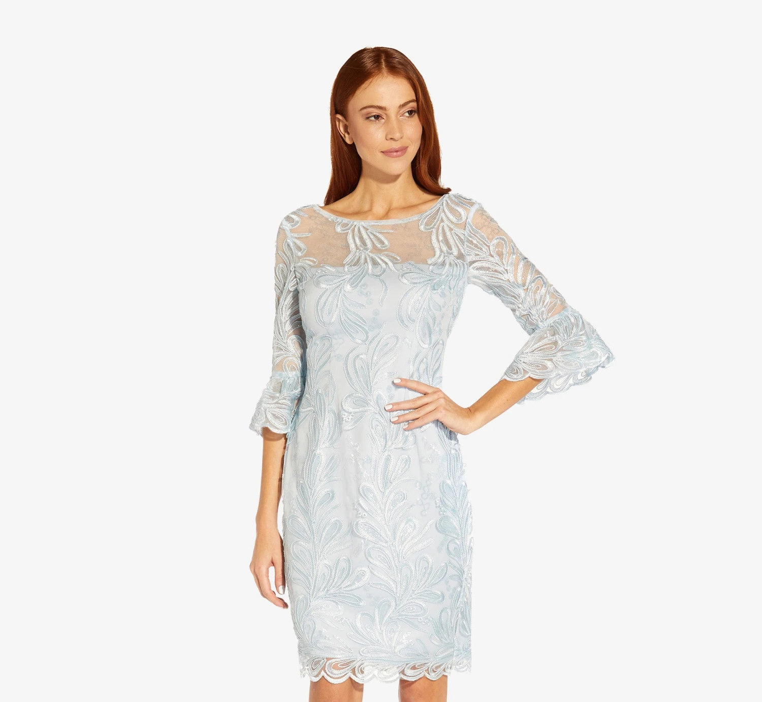 Adrianna Papell Embroidered Illusion Short Sheath Dress With Bell Sleeves In Opal 3 Adrianna Papell Embroidered Illusion Short Sheath Dress With Bell Sleeves In Opal