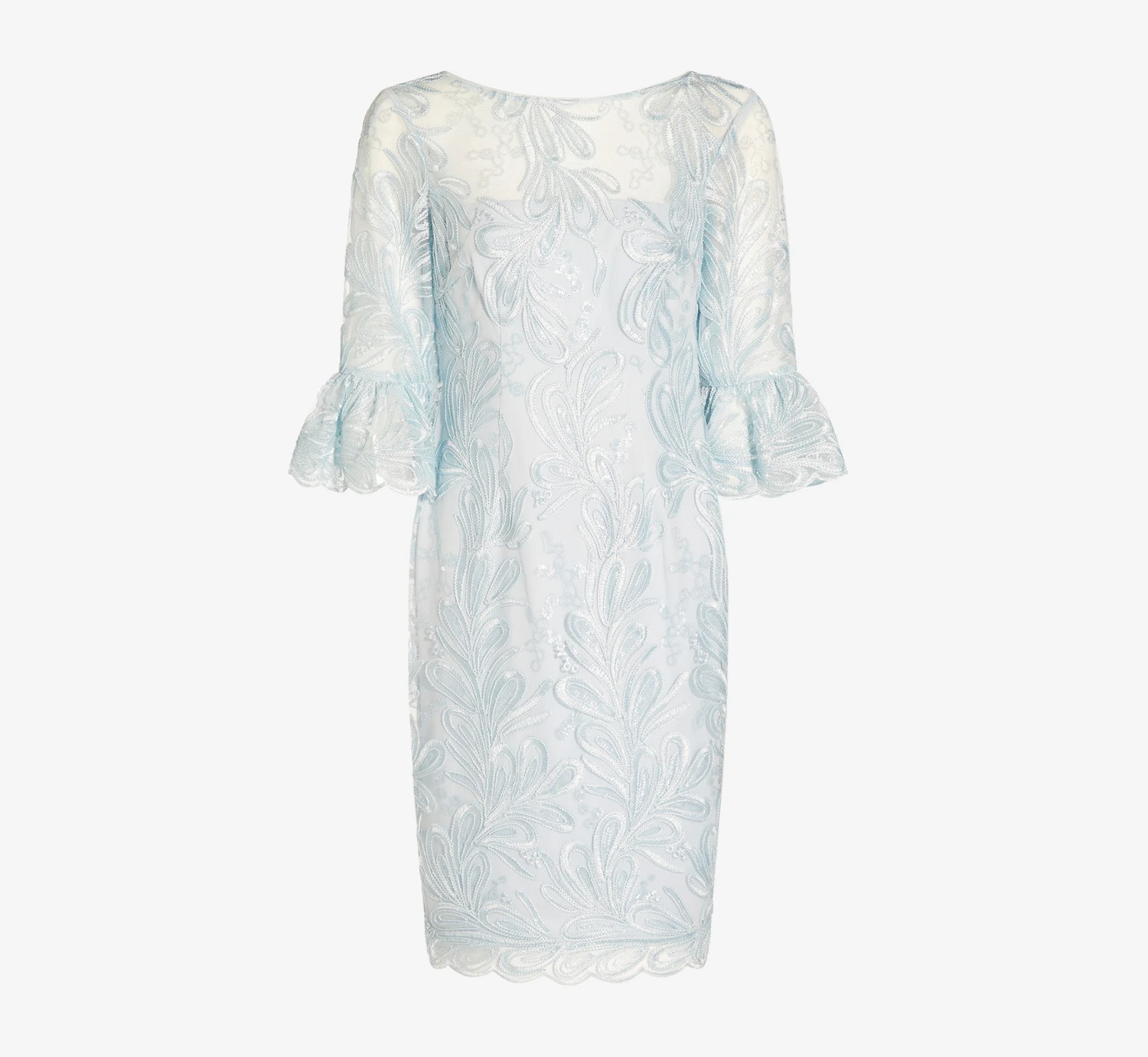 Adrianna Papell Embroidered Illusion Short Sheath Dress With Bell Sleeves In Opal 7 Adrianna Papell Embroidered Illusion Short Sheath Dress With Bell Sleeves In Opal - Image 5