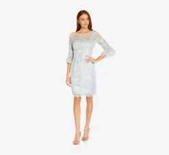 Adrianna Papell Embroidered Illusion Short Sheath Dress With Bell Sleeves In Opal 11 Adrianna Papell Embroidered Illusion Short Sheath Dress With Bell Sleeves In Opal -Adrianna Papell Shop AP1D104722 AI498 Regular Side
