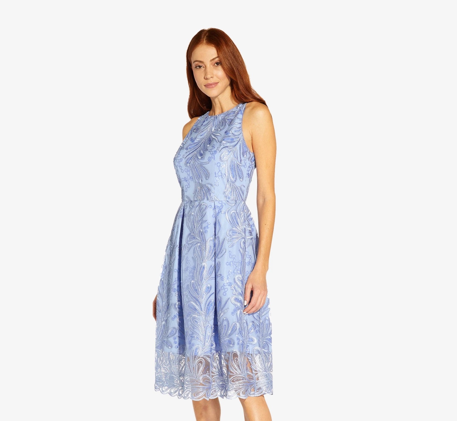 Adrianna Papell Embroidered Illusion Midi-Length Fit-And-Flare Dress In Light Peri 3 Adrianna Papell Embroidered Illusion Midi-Length Fit-And-Flare Dress In Light Peri