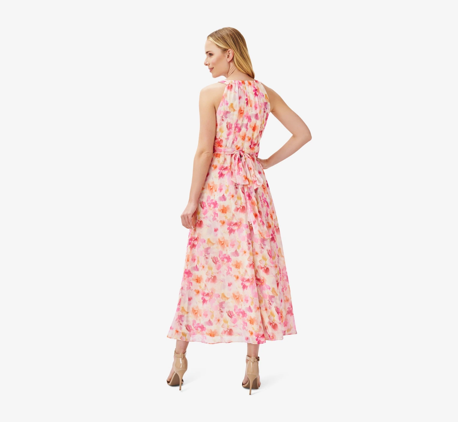 Adrianna Papell Floral-Print Chiffon Midi-Length Fit-And-Flare Halter Dress In Pink Multi 4 Adrianna Papell Floral-Print Chiffon Midi-Length Fit-And-Flare Halter Dress In Pink Multi - Image 2