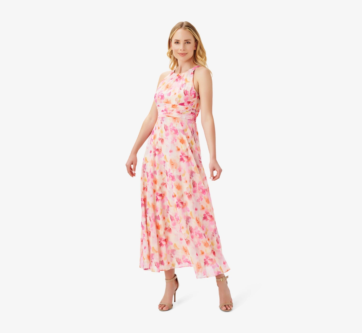 Adrianna Papell Floral-Print Chiffon Midi-Length Fit-And-Flare Halter Dress In Pink Multi 3 Adrianna Papell Floral-Print Chiffon Midi-Length Fit-And-Flare Halter Dress In Pink Multi