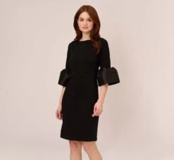 Adrianna Papell Draped Jersey Short Sheath Dress With Bell Cuffs In Black