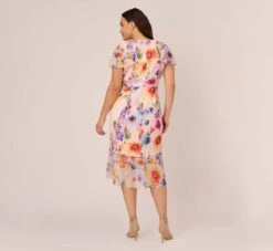 Adrianna Papell Plus Size Floral-Print Faux Wrap Midi-Length Ruffled Dress With Flutter Sleeves In Praline Multi -Adrianna Papell Shop AP1D104731 AJ267 Plus Back