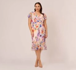 Adrianna Papell Plus Size Floral-Print Faux Wrap Midi-Length Ruffled Dress With Flutter Sleeves In Praline Multi