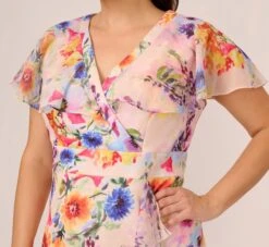 Adrianna Papell Plus Size Floral-Print Faux Wrap Midi-Length Ruffled Dress With Flutter Sleeves In Praline Multi -Adrianna Papell Shop AP1D104731 AJ267 Plus Detail