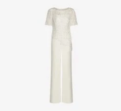 Adrianna Papell Guipure Lace And Crepe Wide-Leg Jumpsuit In Ivory -Adrianna Papell Shop AP1D104752 AA194 Regular Flat