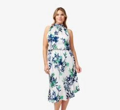 Adrianna Papell Plus Size Floral-Print Crepe Midi-Length Blouson Halter Dress In Ivory Multi