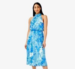 Adrianna Papell Floral-Print Mock Neck Midi-Length Chiffon Blouson Halter Dress In Peri Multi