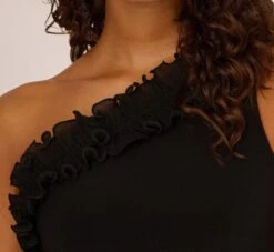 Adrianna Papell Ruffled One-Shoulder Blouson Jersey Jumpsuit In Black -Adrianna Papell Shop AP1D104818 AA002 Regular Detail