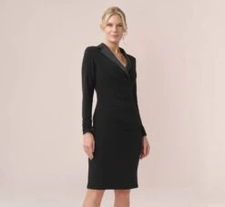 Adrianna Papell Jersey And Satin Short Sheath Tuxedo Dress In Black