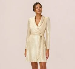 Adrianna Papell Metallic Jersey Short Wrap Tuxedo Dress In Gold