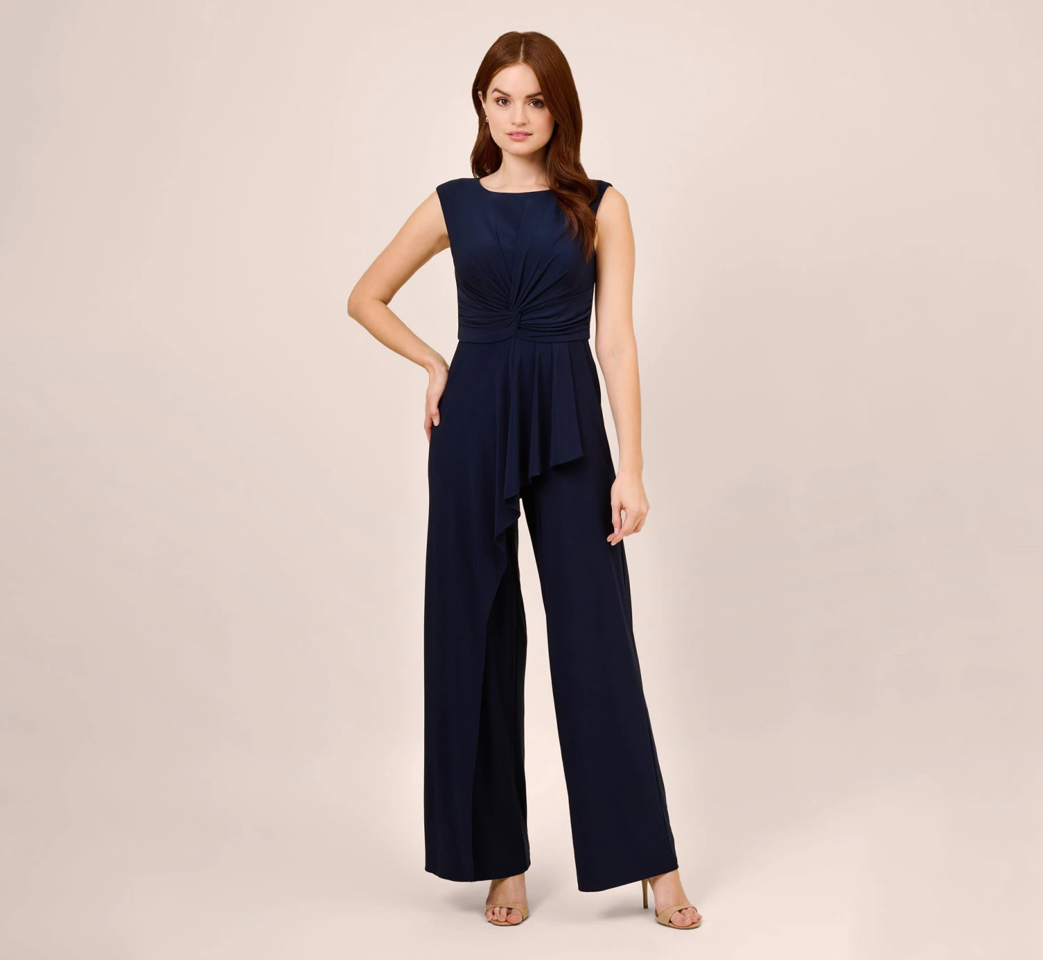 Adrianna Papell Stretch Jersey Twist-Front Jumpsuit With Overlay In Midnight 3 Adrianna Papell Stretch Jersey Twist-Front Jumpsuit With Overlay In Midnight