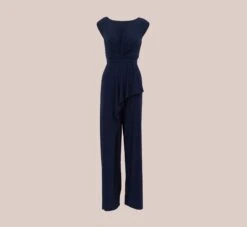 Adrianna Papell Stretch Jersey Twist-Front Jumpsuit With Overlay In Midnight 14 Adrianna Papell Stretch Jersey Twist-Front Jumpsuit With Overlay In Midnight -Adrianna Papell Shop AP1D104835 AB411 Regular Flat