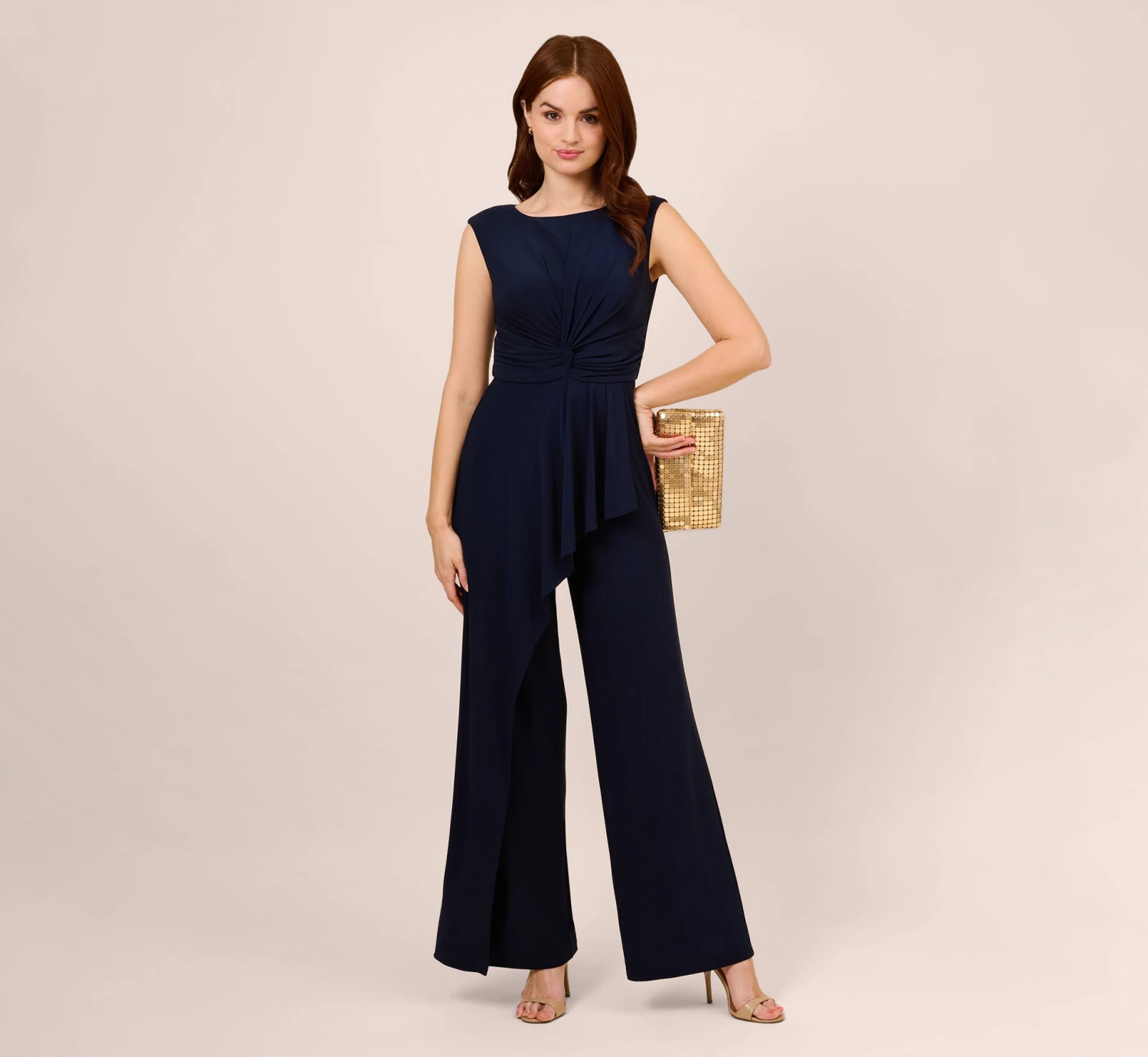 Adrianna Papell Stretch Jersey Twist-Front Jumpsuit With Overlay In Midnight 4 Adrianna Papell Stretch Jersey Twist-Front Jumpsuit With Overlay In Midnight - Image 2
