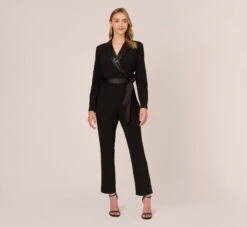 Adrianna Papell Hand-Sequined Crepe Tuxedo Jumpsuit In Black