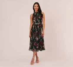 Adrianna Papell Floral Pleated Chiffon Dress With Mock Neckline In Hunter Multi
