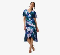 Adrianna Papell Floral-Print Stretch Twill And Chiffon Short Dress With Flounce Hem In Navy Multi -Adrianna Papell Shop AP1D104895 AD411 Regular Alternate