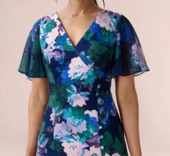 Adrianna Papell Floral-Print Stretch Twill And Chiffon Short Dress With Flounce Hem In Navy Multi -Adrianna Papell Shop AP1D104895 AD411 Regular Detail
