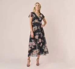 Adrianna Papell Metallic Floral-Print Chiffon And Jersey Cropped Jumpsuit With Overlay In Black Multi