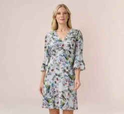 Adrianna Papell Floral-Print Stretch Chiffon Short Fit-And-Flare Dress In Grey Multi