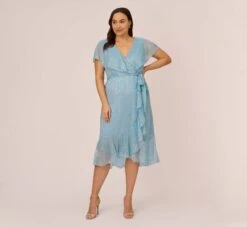 Adrianna Papell Plus Size Floral Metallic Stencil Midi-Length Mermaid Dress With Capelet In Light Blue