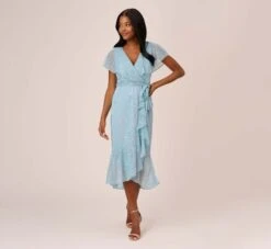 Adrianna Papell Floral Metallic Stencil Midi-Length Mermaid Dress With Capelet In Light Blue