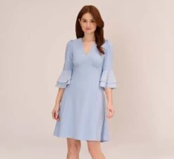 Adrianna Papell Satin Crepe Short Fit-And-Flare Dress With Tiered Bell Sleeves In Elegant Sky